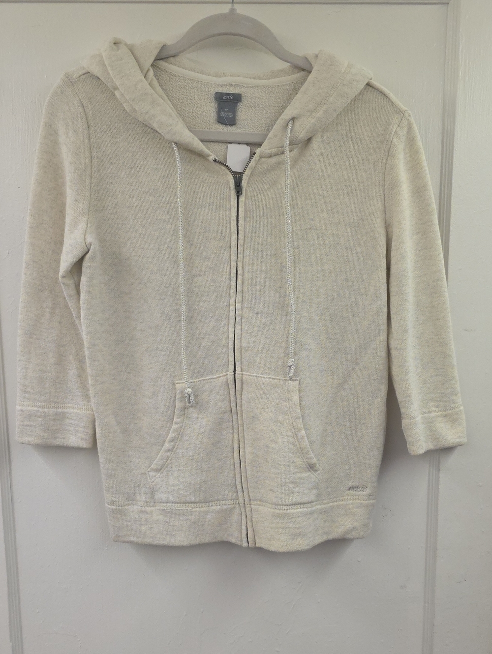 Aerie Ivory Heather Full Zip Hoodie Glitter Drawstrings Logo Size Small